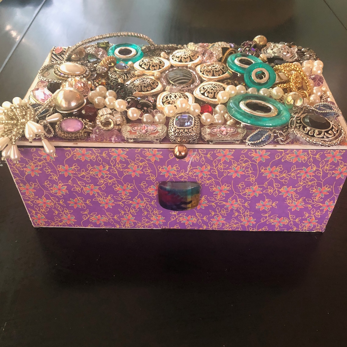 Vintage Treasure Jewelry Box Rhinestones Costume Jewelry Cigar Box