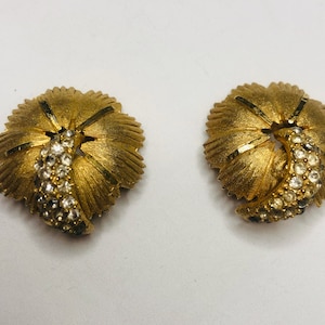 Gold Flower Earrings BKS vintage designer Rhinestones and Flower Leaf Costume Jewelry Retro Nature