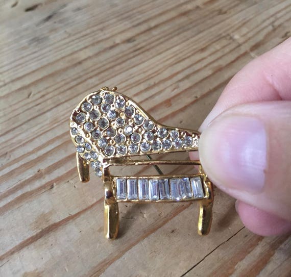 Gold Rhinestone Baby Grand Piano Brooch Pin Music… - image 4