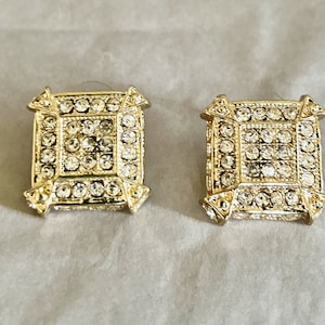 Vintage 80s Gold Rhinestone Square Earrings: Hollywood Glam Bridal Jewelry