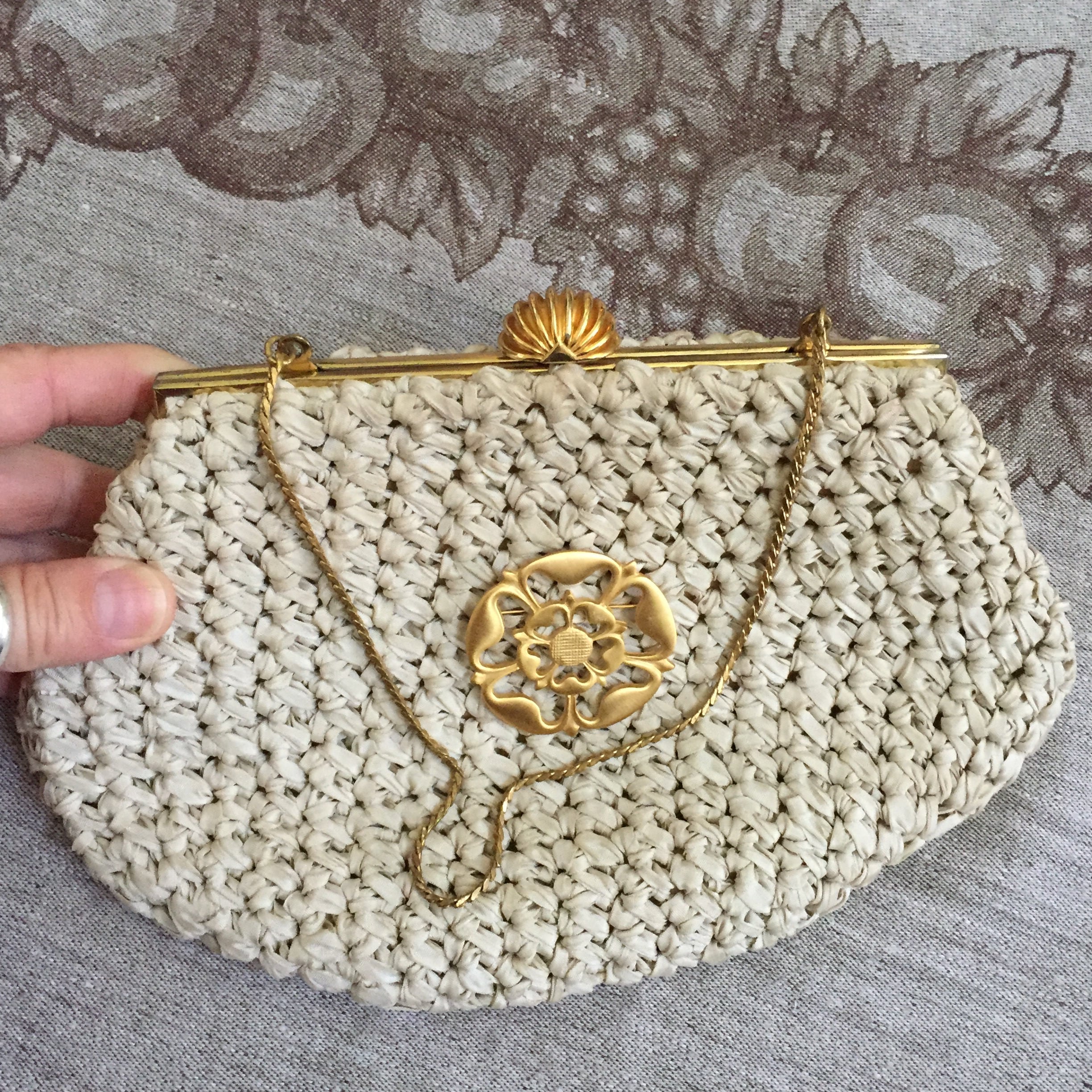 ✨RARE VINTAGE MORRIS MOSKOWITZ MM CROCHET IVORY PURSE | BAG GOLD METAL  HANDLE✨