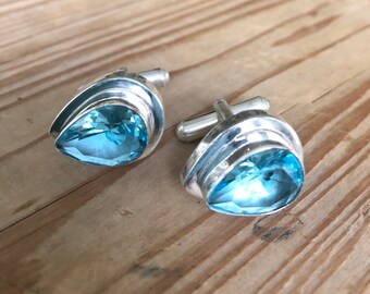 Teardrop Apatite Sterling Silver Cufflinks: Azure Blue Tuxedo Studs