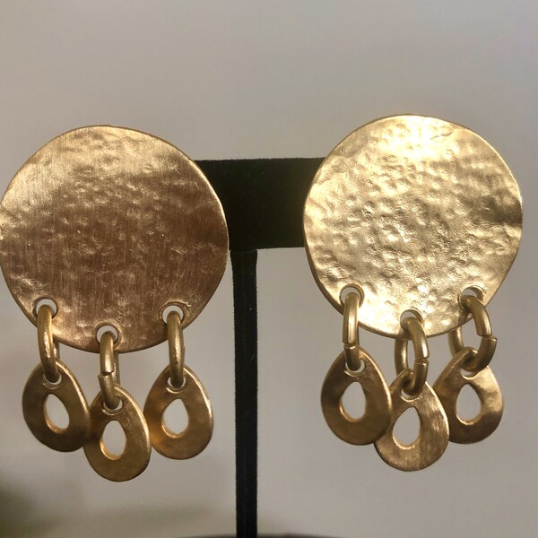 Vintage Gold Statement Earrings~Round Dangle Earrings ~ Brutalist Chunky Gold Clip On Earrings ~Statement Earrings ~Circle Earrings