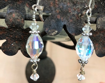 Crystal Drop Dangle Earrings Vintage Crystals Silver Recycled Crystal Beads