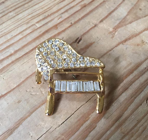 Gold Rhinestone Baby Grand Piano Brooch Pin Music… - image 1