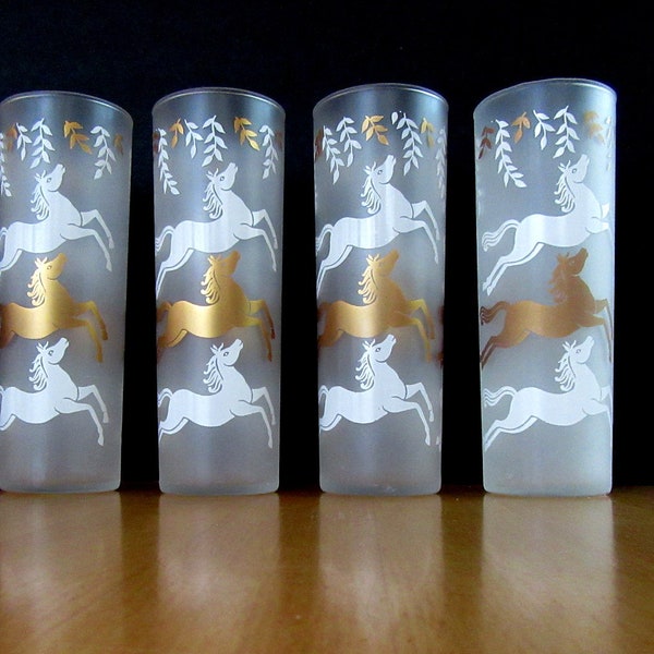 Vintage LIBBY Cavalcade drinking glasses with gold & white horses c.1953 - 12 oz - barware - cocktails - set of 4 or 8