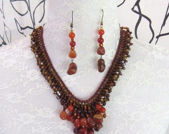 Carnelian, jasper stones & beads necklace and pierced earring set - Copper and mixed materials - vintage 1980s