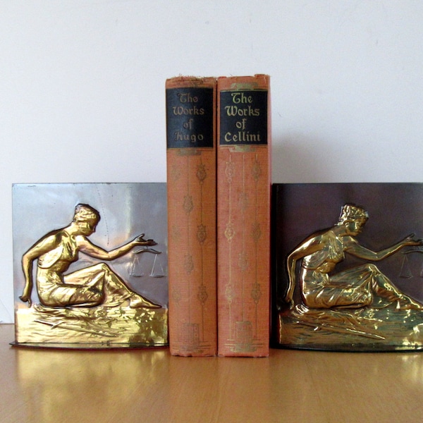 Vintage Lady Justice bronze & gold finish bookends - scales of justice -  Mid Century - Legal -Lawyer - library decor - office shelves
