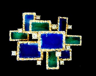 Broche ou pendentif Ciner vintage géométrique en émail bleu et vert avec strass transparents