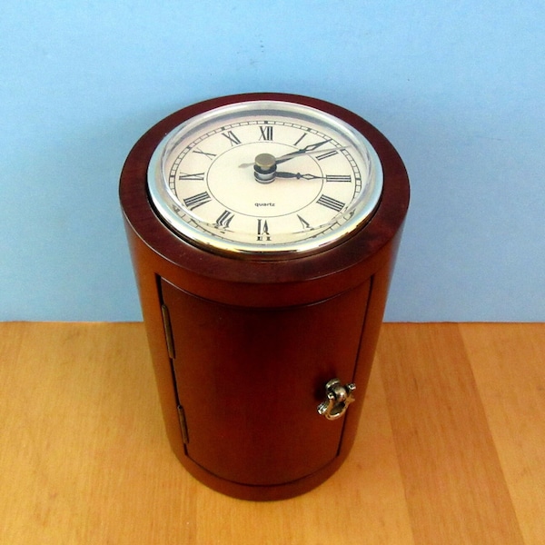 Vintage wood cylinder jewelry box with working clock - 3 small drawers - 6" tall - unisex