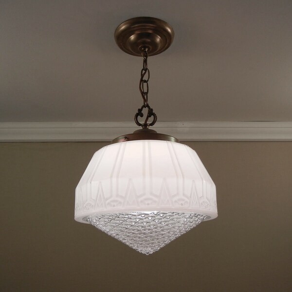 Art Deco Pendant Light 1930's Vintage Antique LARGE Cased Glass & Solid Brass Fixture Rewired
