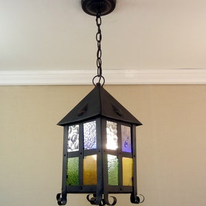Vintage Arts & Crafts Wrought Iron Stained Glass Lantern Light Fixture Restored
