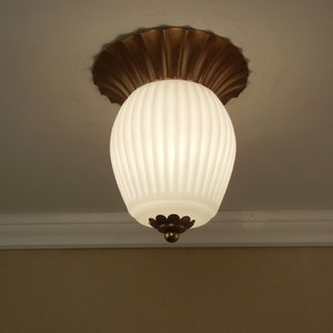 Vintage Mid Century Ceiling Light Lamp Ribbed Glass Flush Mount Fixture - Restored