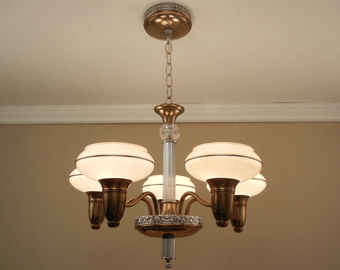 Vintage Lighting 1930s GILL GLASS Slip Shade Chandelier Mixed Metal