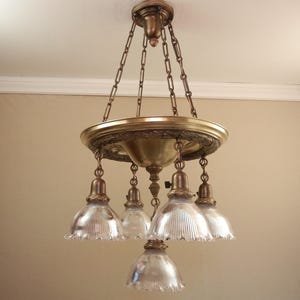 Vintage 5 Light Pan Style Brass Chandelier with Holophane Glass Shades Restored