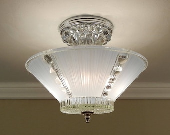Antique Vintage Light Fixtures By Vintageglasslights On Vintage Ceiling Light 1940s Blue Pleated Bubble Pressed Glass Chrome Antique Semi Flush Mount Fixture Rewired Bedroom Bathroom Hallway