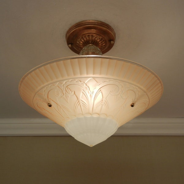 Vintage 1930s Ceiling Light Glass Shade & Solid Brass Semi Flush Fixture Restored