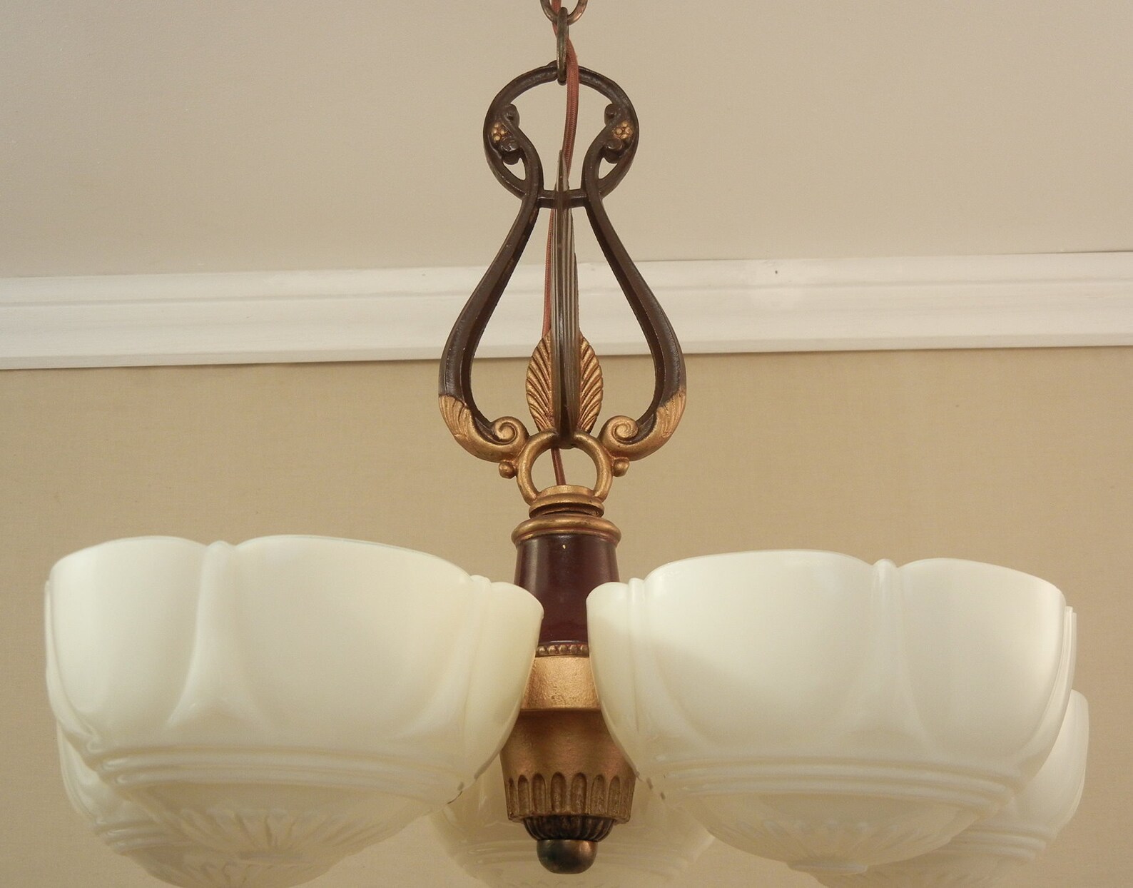 Vintage 1930s Art Deco Custard Glass Slip Shade Chandelier 5 Etsy