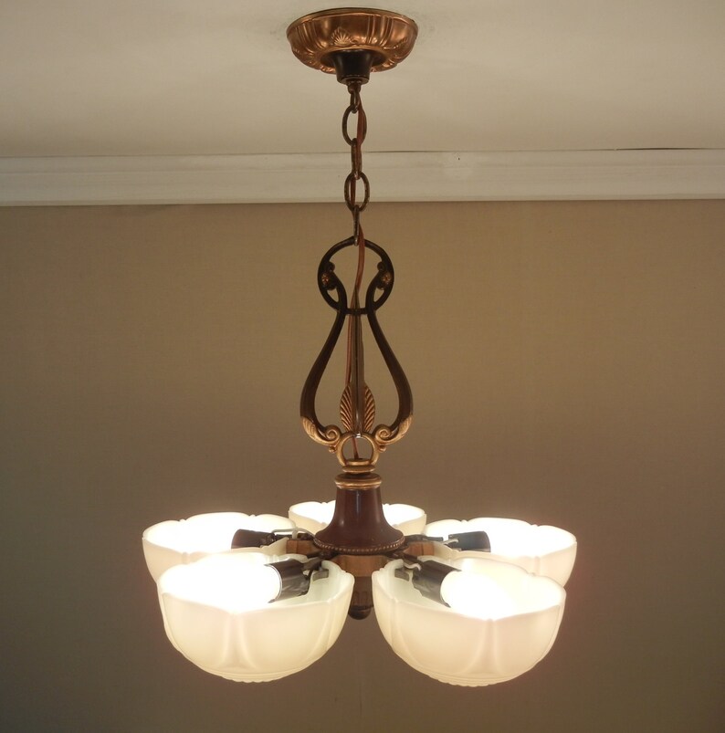 Vintage 1930s Art Deco Custard Glass Slip Shade Chandelier 5 Etsy