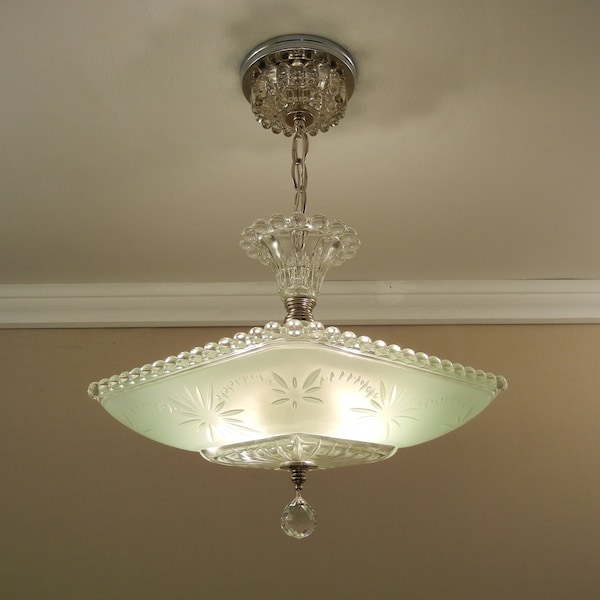 Vintage GREEN Glass Shade Chandelier 1940s Starburst Ceiling Light Fixture