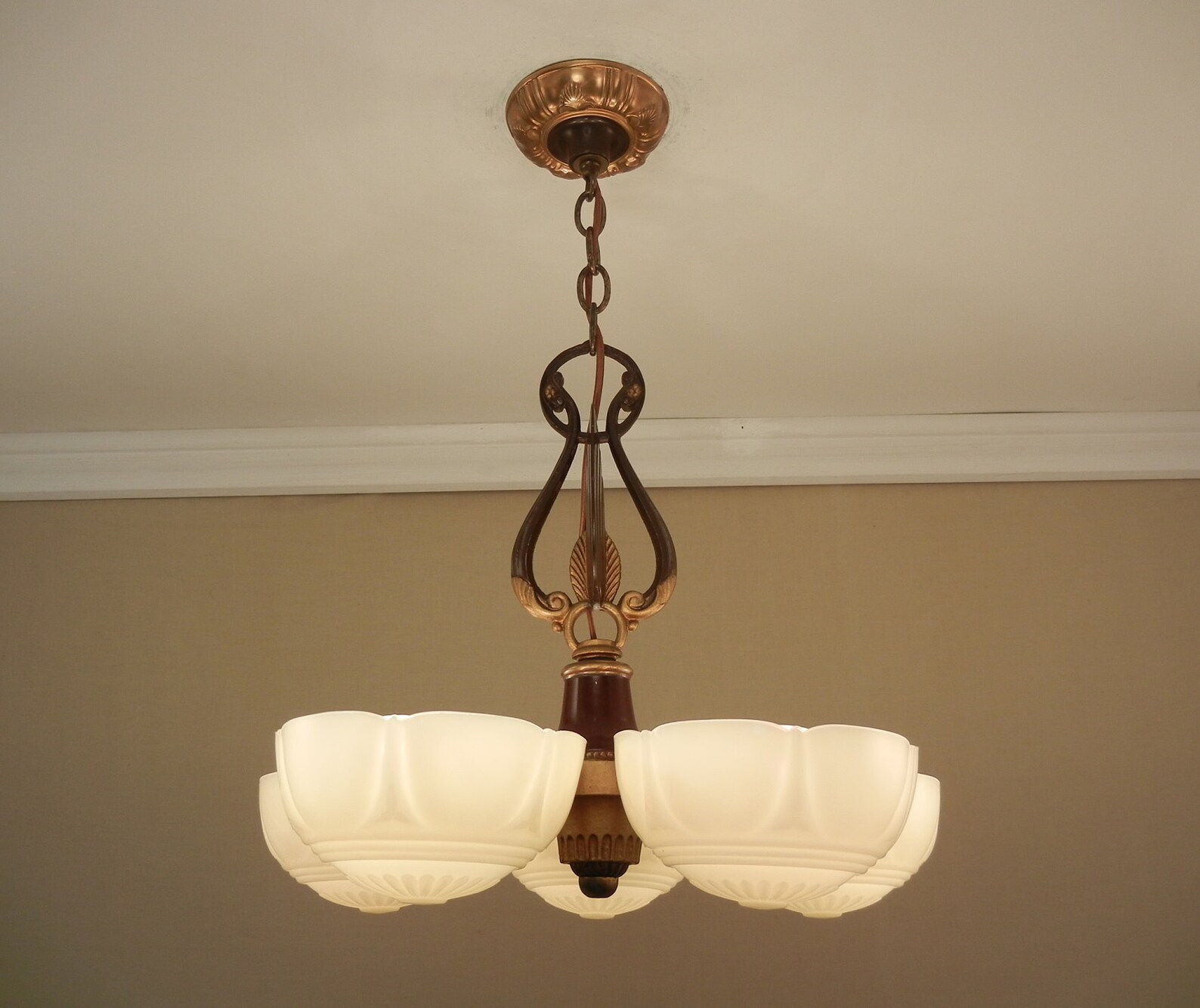 Vintage 1930s Art Deco Custard Glass Slip Shade Chandelier 5 Etsy