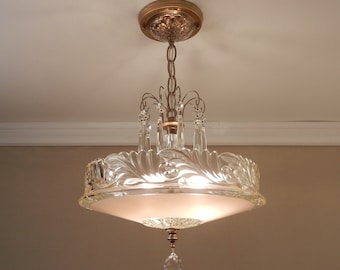 Vintage Chandelier 1930s Fleur de Lis Pressed Glass & Solid Brass Ceiling Light Fixture - Rewired