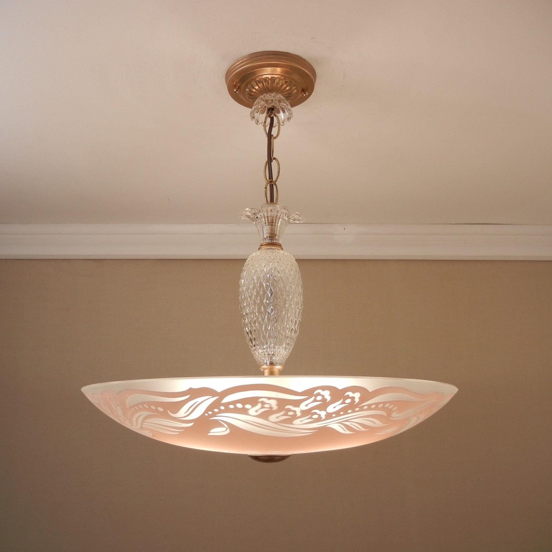 Vintage Mid Century Modern MCM Glass Shade Chandelier Ceiling Light ...
