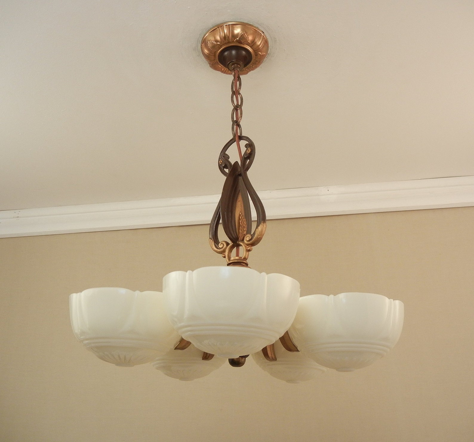 Vintage 1930s Art Deco Custard Glass Slip Shade Chandelier 5 Etsy