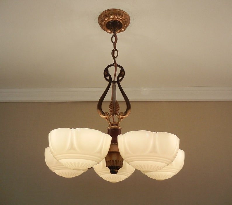 Vintage 1930s Art Deco Custard Glass Slip Shade Chandelier 5 Etsy