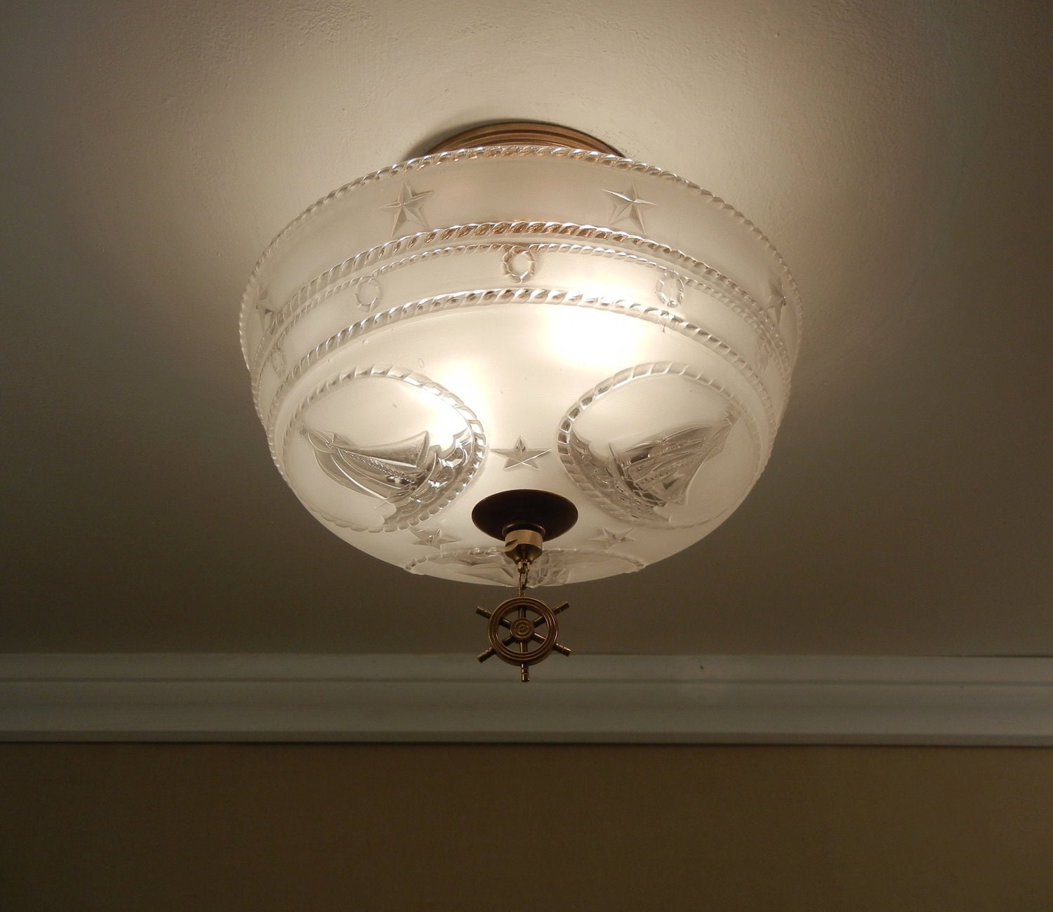 Vintage Nautical Ceiling Light 1940s Maritime Sailboat Ship Wheel Rope Lines Stars Glass Shade Solid Brass Fixture
