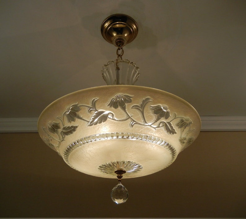 Vintage Chandelier 1930s Antique Cream Or Ecru Pressed Glass Vintage Chandelier 1930s Antique Cream Or Ecru Pressed Glass Vase Stem Brass Ceiling Light Fixture Large 16 Rewired