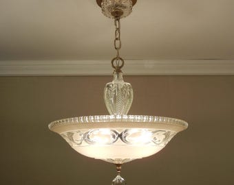 Vintage 1930s Glass Shade Chandelier Solid Brass Ceiling Light Fixture