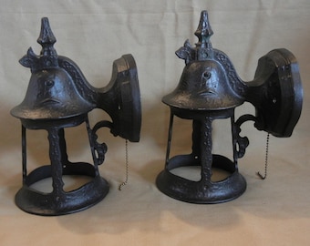 Pair Vintage Antique Arts & Crafts Gothic Exterior Porch Light Wall Sconces