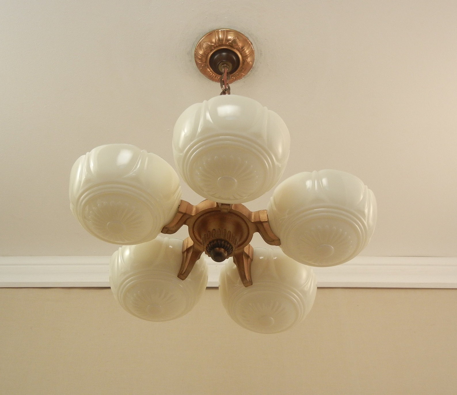 Vintage 1930s Art Deco Custard Glass Slip Shade Chandelier 5 Etsy