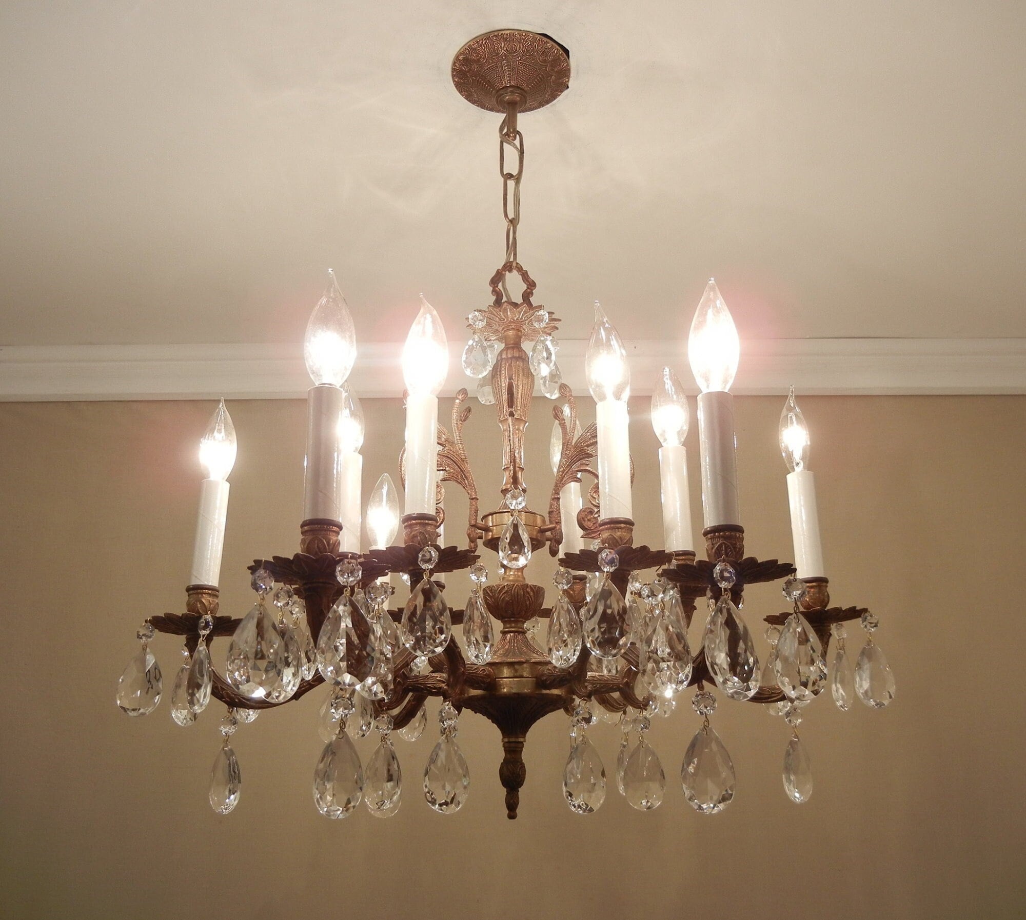 Unique Vintage Spanish Brass Crystal Chandelier tier arm 12 light LARGE  24” Restored