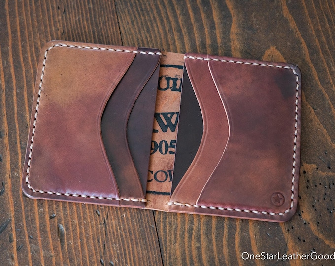 6 Pocket Horizontal Leather Wallet - marbled & burgundy #8 Horween shell cordovan