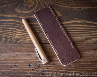 Pen Sleeve size large - hand stitched Horween leather - textured brown