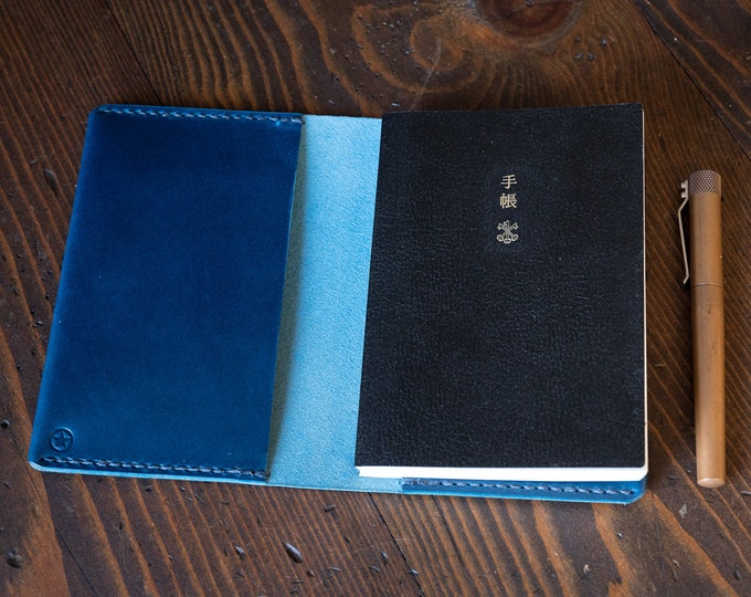 Leather wrap cover for A6 sized softcover notebooks - fits Hobonichi planner, Midori, Muji, Apica, Nanami and more - navy Buttero leather