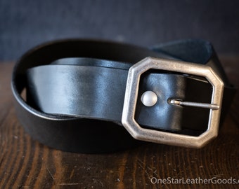 Custom sized belt - 1.5" width - black harness leather - center bar buckle