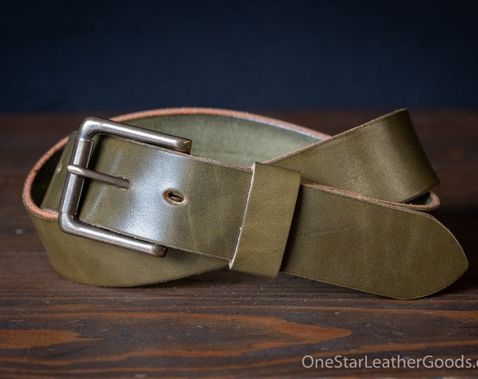 Custom sized belt - 1.25" width - olive harness leather - heel bar buckle