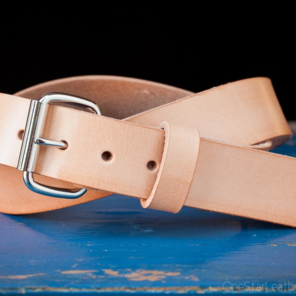 Custom sized belt - 1.25" width - natural leather - heel bar buckle