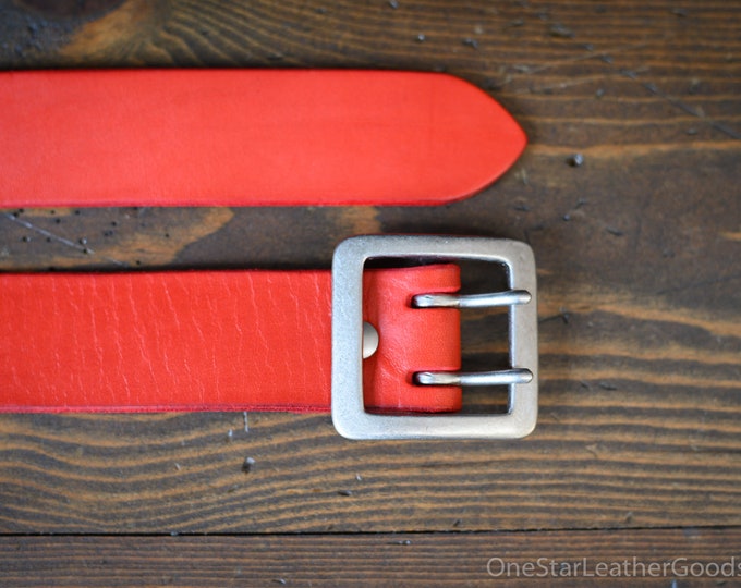 Custom sized belt - 1.25" width - red bridle leather - center bar buckle