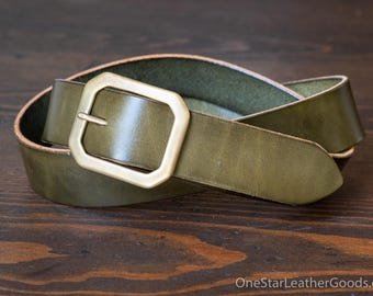 Custom sized belt - 1.5" width - olive harness leather - center bar buckle