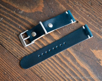20mm leather two piece watch band - Horween shell cordovan leather, "intense blue"