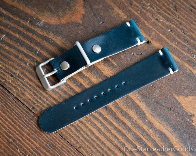 20mm leather two piece watch band - Horween shell cordovan leather, "intense blue"