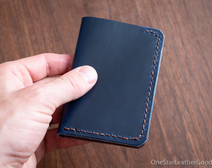 6 Pocket Vertical Leather Wallet, Horween Chromexcel - blue / chestnut