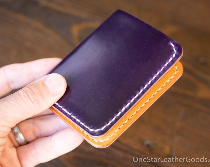 6 Pocket Horizontal Leather Wallet - violet Horween shell cordovan / tan bridle leather