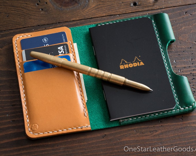 Notebook/wallet/pen, "Park Sloper Medium" - Horween Chromexcel green / tan bridle leather (PSM)