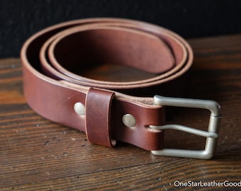 Custom sized belt - 1.5" width - brown harness leather - heel bar buckle