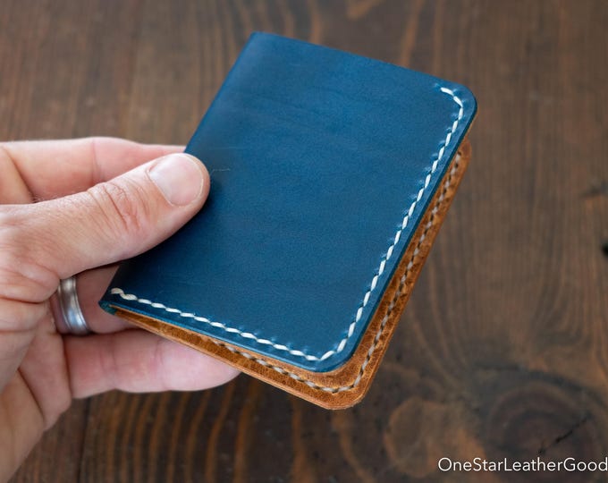 DISCOUNTED The Six Pocket Horizontal leather wallet - blue / textured tan